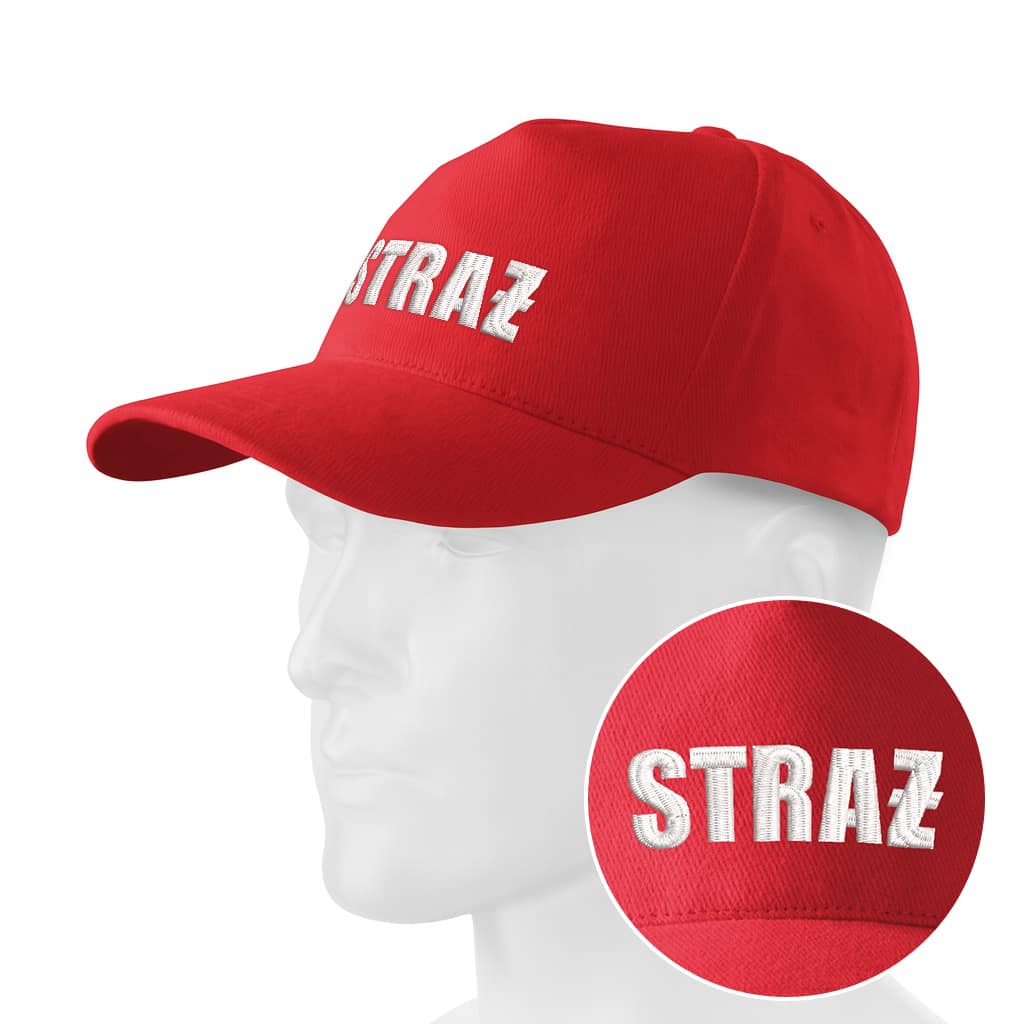 29677afd25b442d0f00e17a830e61e36.jpg Czapka z daszkiem STRAŻ OSP straż pożarna czerwona z białym napisem haft
